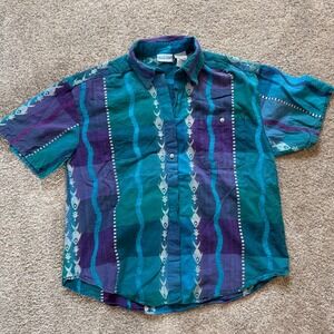 Backroad Blues Mens Large Teal Purple Fish Ikat Cotton Short Sleeve Button Shirt
